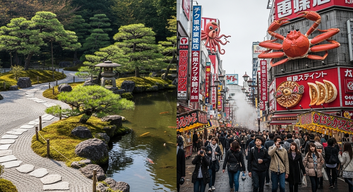 차분한 후쿠오카의 풍경과 활기찬 오사카 도톤보리 거리를 대비시킨 이미지