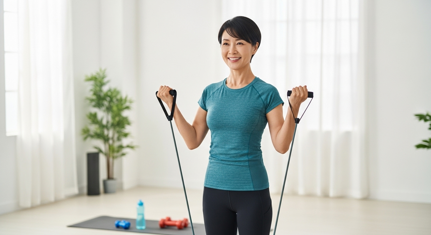 밝은 미소의 50대 한국 여성이 집에서 저항 밴드를 이용해 이두근 운동을 하는 모습. 활기찬 운동의 중요성 강조.