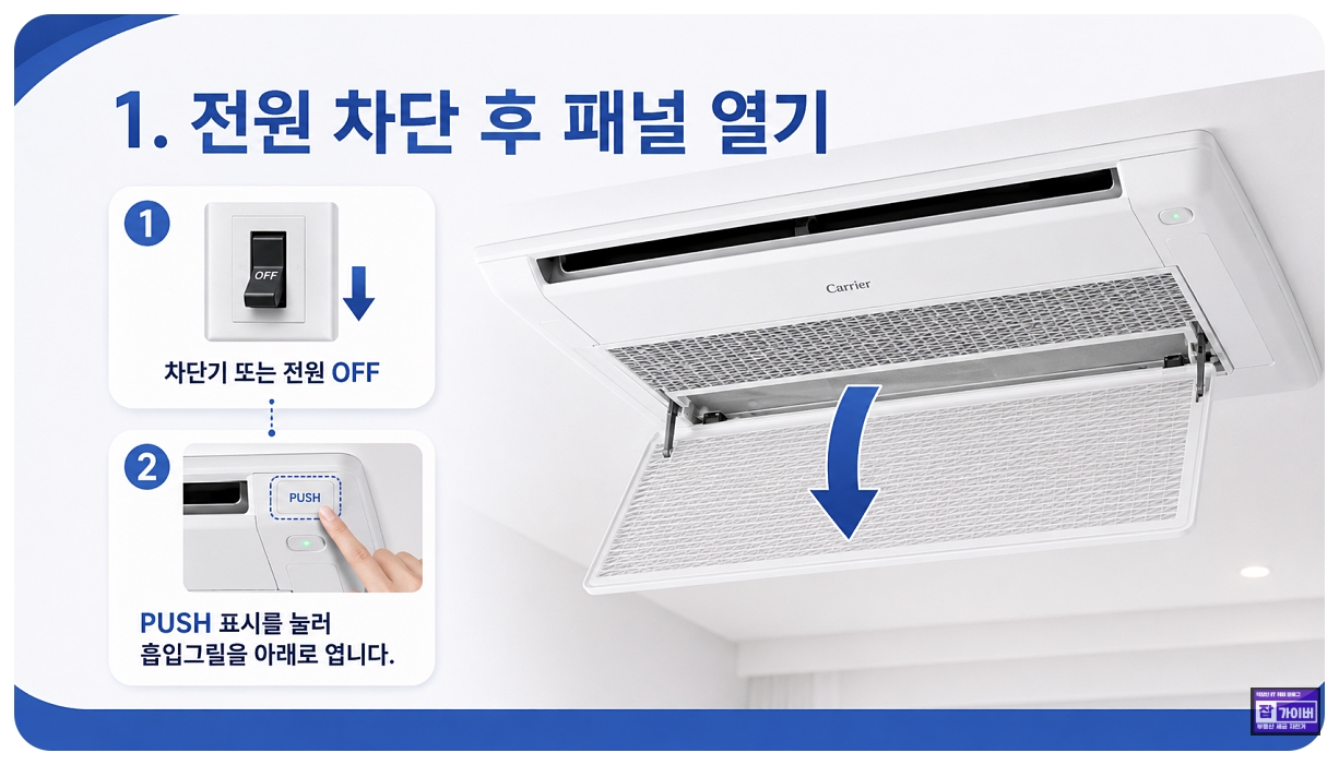 캐리어 천장형 에어컨 전원 차단 후 흡입그릴 패널 여는 방법