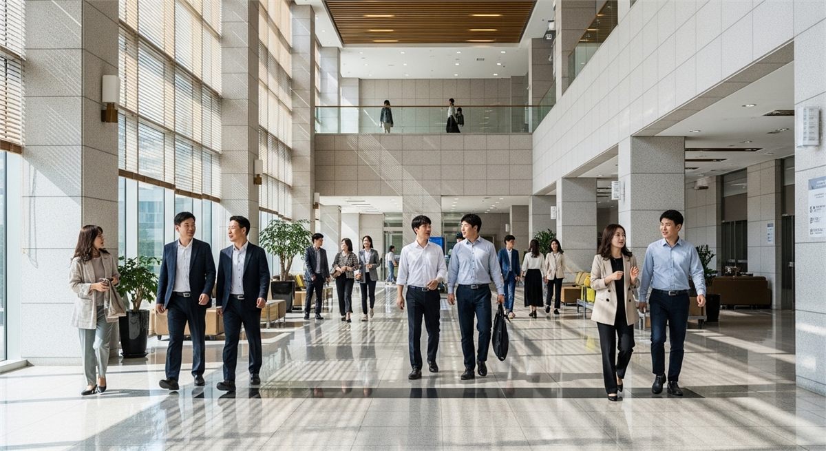 여러 세대의 직장인이 함께 이동하는 출근 시간대 장면 