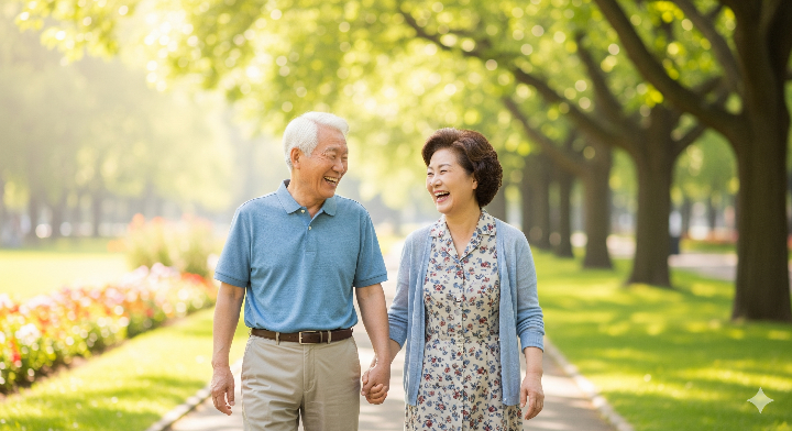 시니어 부부가 공원에서 산책하며 웃는 모습