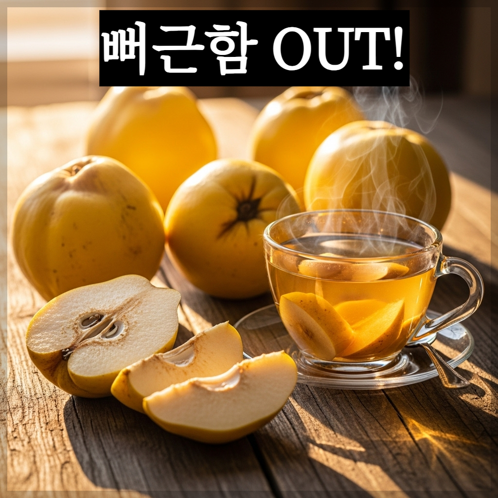 따뜻한 아침 햇살이 비치는 나무 테이블 위에 노랗게 잘 익은 모과 열매들과 맑은 황금빛 모과차가 담긴 유리잔에서 하얀 김이 모락모락 피어오르는 치유 분위기의 실사 이미지