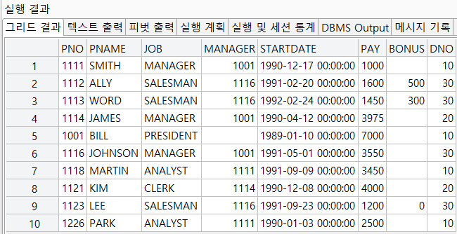 sql 실행 결과
