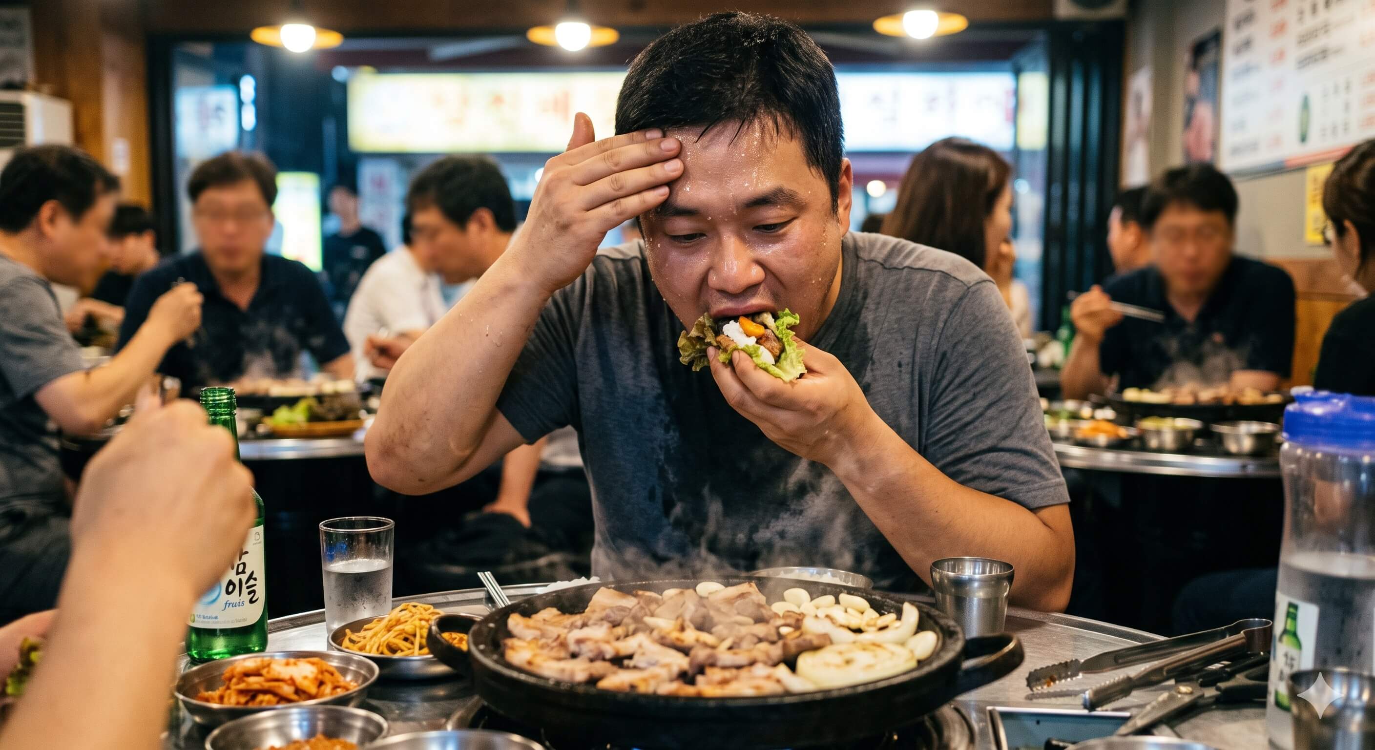 고기를 먹으면서 땀을 흘리는 남자