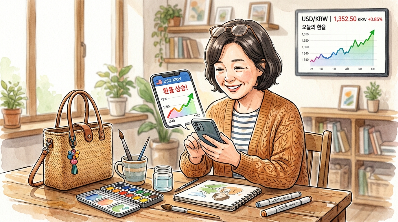 달러 환율 높을 때 가성비 좋은 쇼핑을 위해 테무, 알리등 중국 직구 플랫폼을 이용하여 저렴하게 구매하고 있는 중년 여성의 모습.