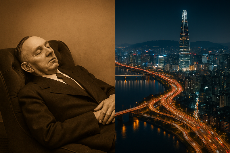 1930년대 소파에 누워 예언하는 에드거 케이시와 현대 서울의 발전된 모습이 분할 화면으로 대조되는 장면