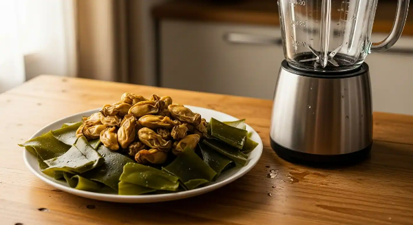 식탁 위에 건굴과 다시마가 접시에 놓여 있고, 그 옆에 믹서기가 있음.
