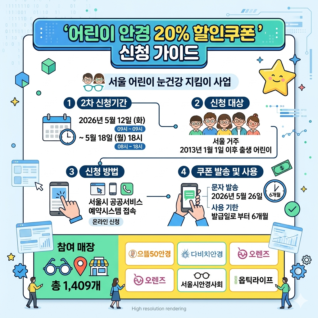 어린이 안경 20% 할인쿠폰 신청 방법 서울 어린이 눈건강 지킴이 2차 접수 인포그래픽