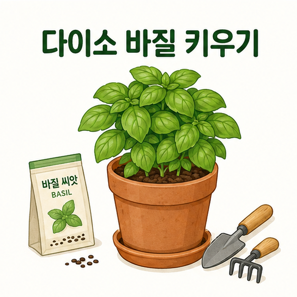 바질 화분과 씨앗 봉투, 원예 도구로 다이소 바질 키우기를 표현한 대표 이미지