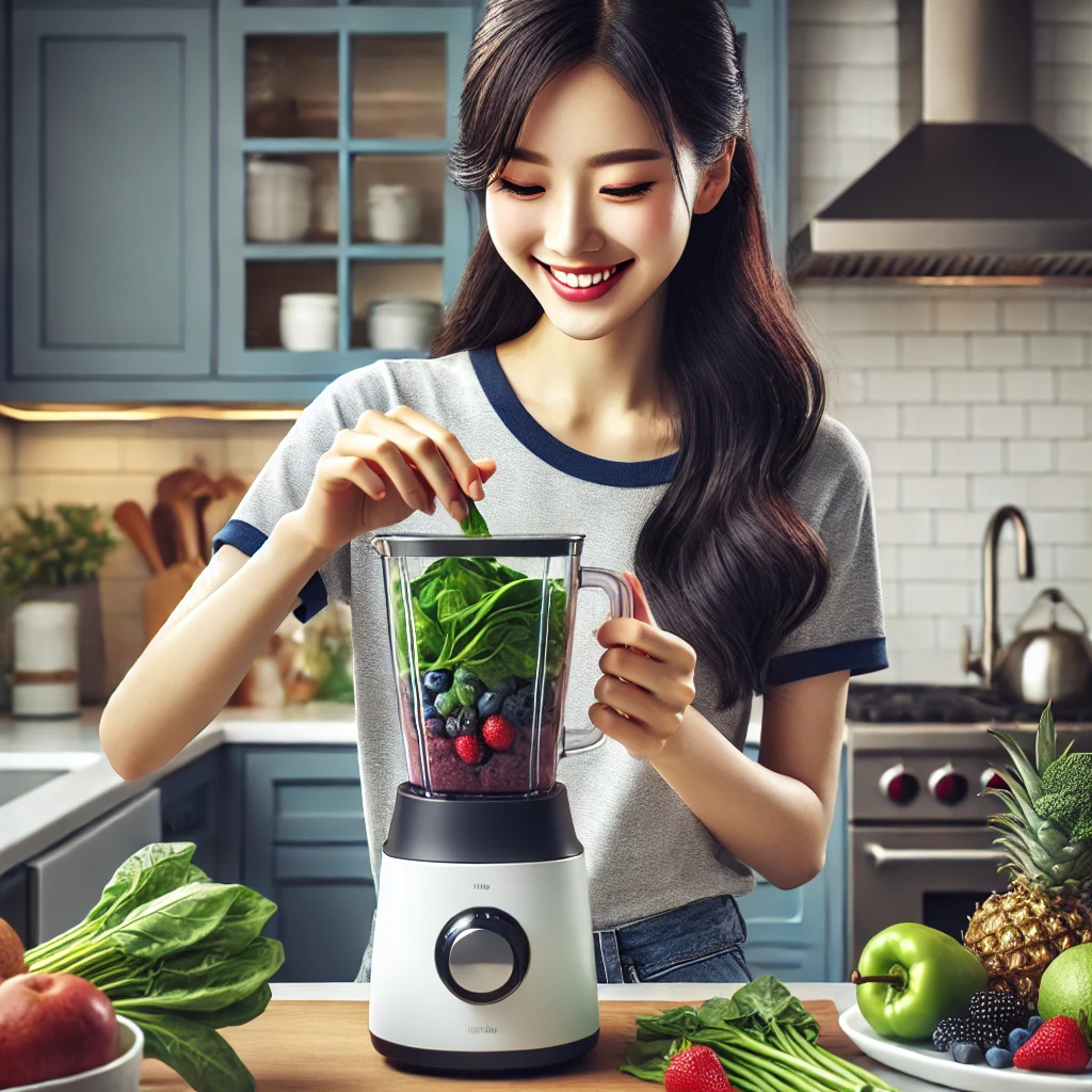 여성이 현대적인 주방에서 건강한 스무디를 준비하고 있는 모습. 신선한 베리와 시금치를 믹서기에 넣으며 미소를 짓고 있습니다. 주방은 깔끔하며 과일과 채소가 가지런히 배치되어 있습니다
