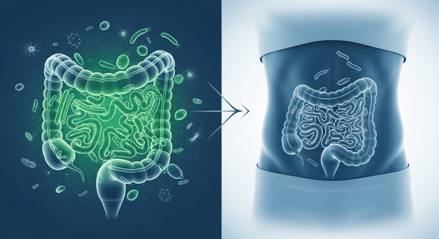 건강하고 다양한 장내 미생물이 가득한 장과 날씬한 복부의 연결고리를 보여주는 현대적인 인포그래픽 이미지.