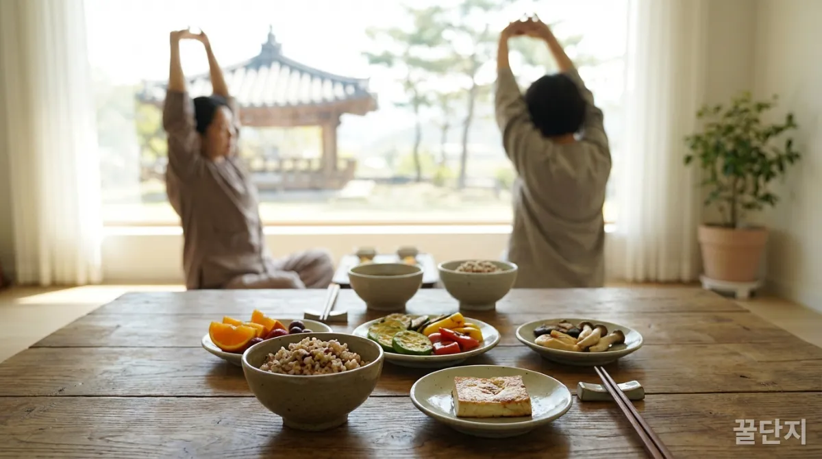 균형 잡힌 한국식 식사와 가볍게 운동하는 사람의 모습