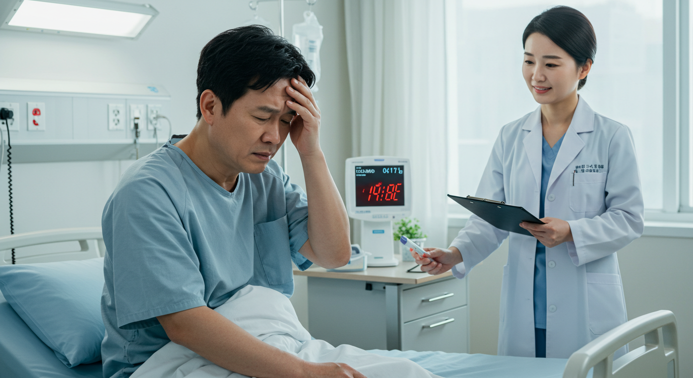 고열 증상으로 병원 진료를 받는 한국인 남성