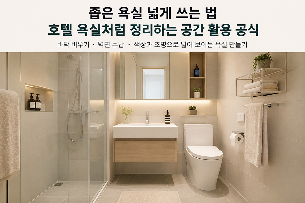 좁은 욕실을 호텔 욕실처럼 깔끔하게 정리한 공간 활용 인테리어. 벽면 수납, 세면대 정리, 간접조명을 활용해 넓어 보이는 욕실을 연출한 모습