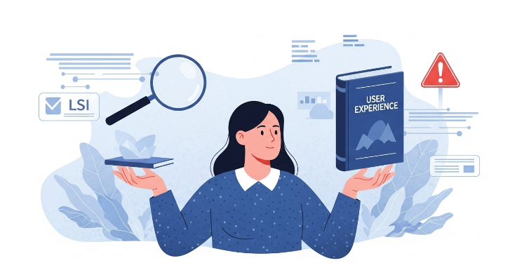 LSI 키워드 활용 시 기술적 이해와 사용자 의도 충족의 중요성을 균형 있게 표현하는 이미지