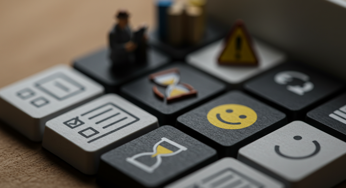 체크리스트, 모래시계, 경고표지, 웃는 이모지 등 작은 소품을 틸트쉬프트로 촬영한 미니어처 아이콘 이미지