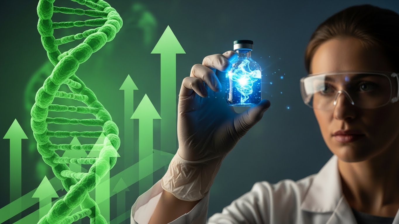 "A scientist holding a vial of medicine with a DNA helix structure in the background, green growth arrows indicating the bio-industry boom"