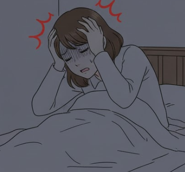 여성이 극심한 눈 통증과 두통으로 침대에 누워 머리를 감싸 쥐고 괴로워하고 있다.