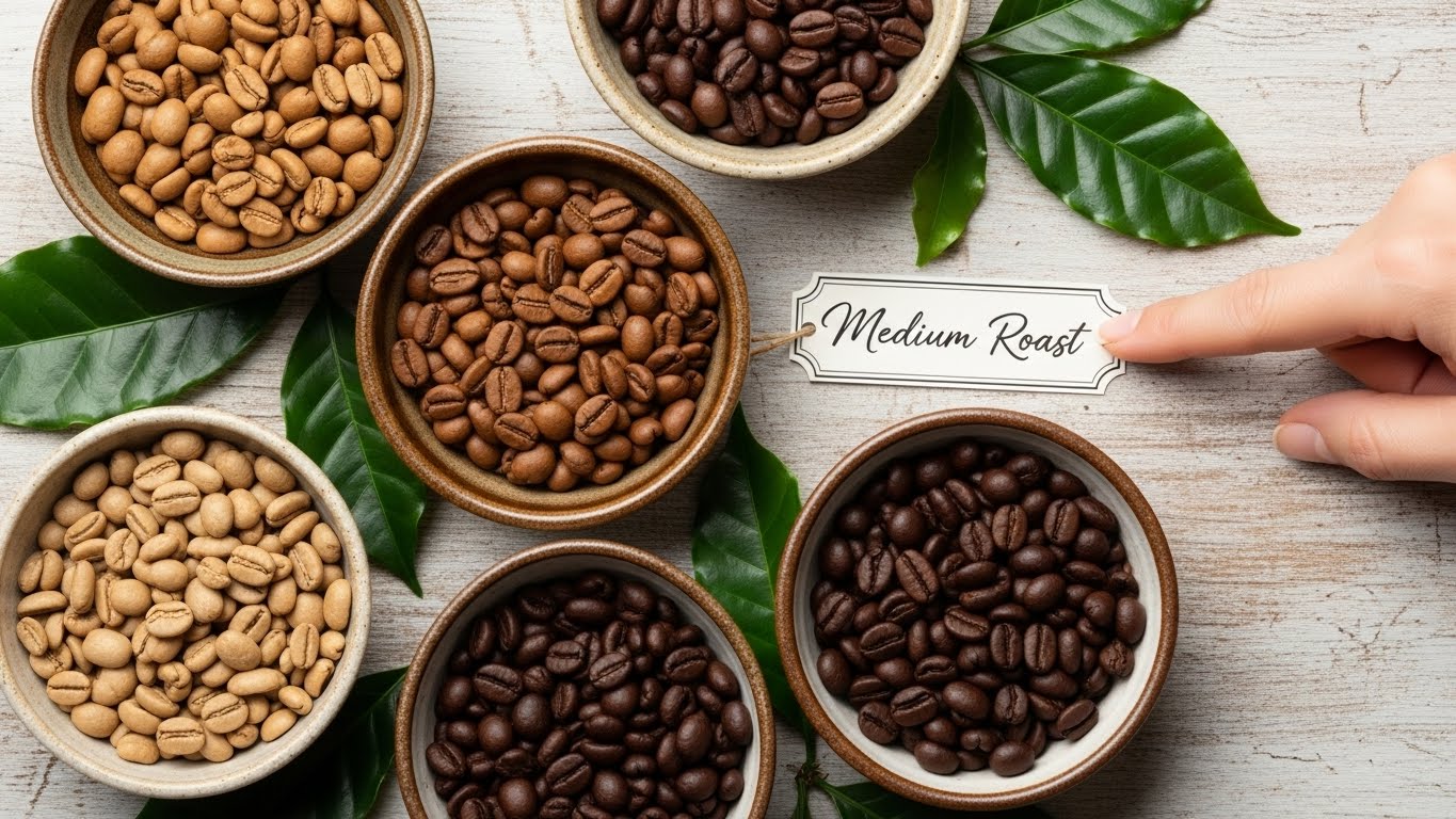 라이트, 미디엄, 다크 로스팅 단계별 원두 색상 비교