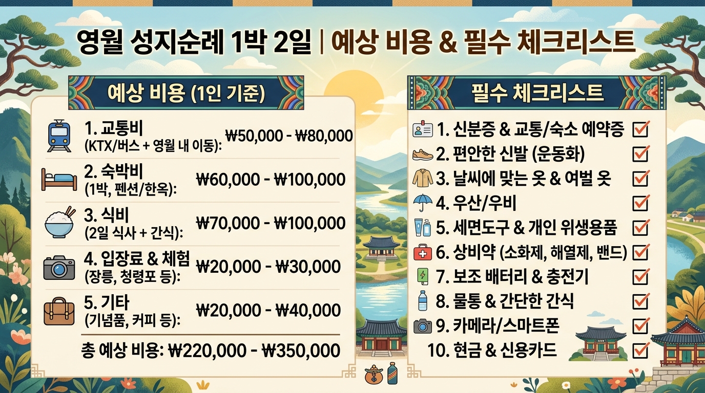영월 성지순례 여행을 위한 1박 2일 예상 비용표와 필수 준비물 체크리스트 이미지