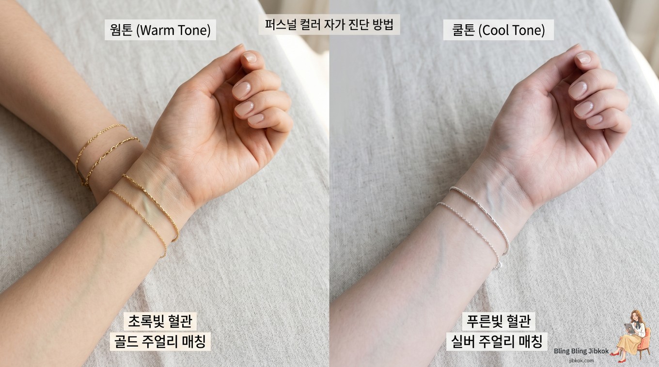 손목 안쪽 혈관 색상(초록빛 vs 푸른빛)과 골드 및 실버 주얼리 매칭을 통해 웜톤과 쿨톤을 스스로 구별해 보는 자가 진단 방법