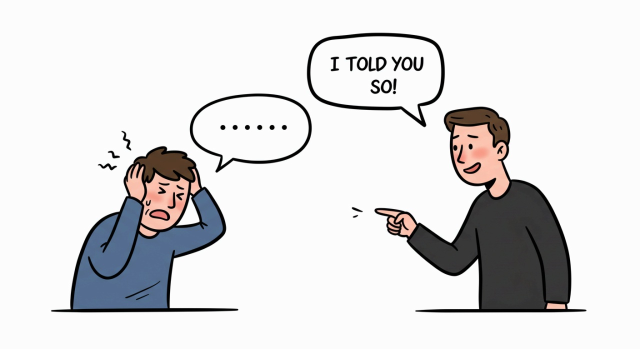 좌절하고 있는 남자와 내가 그랬잖아라고 말하는 남자