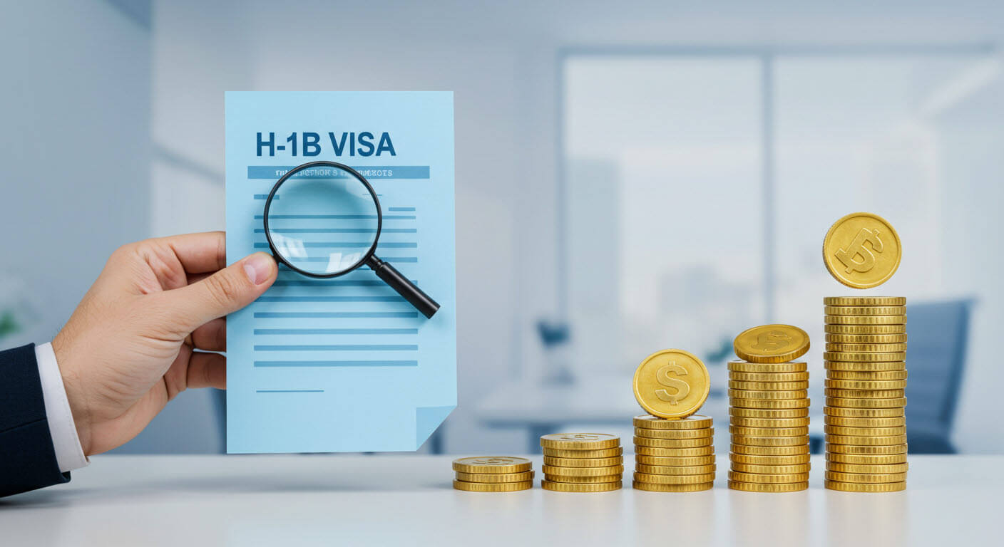 H-1B VISA 에 돋보기가 올려져 있고 금화가 계단식으로 싸여 있는 모습