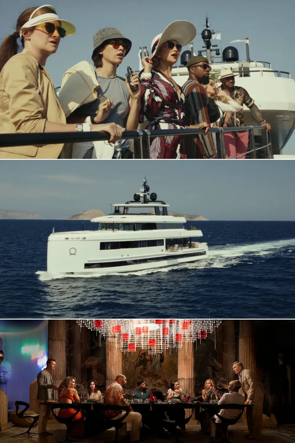 럭셔리 보드에 올라 타려는 영화 나이브스아웃 : 글래스 어니언 주인공들의 장면들