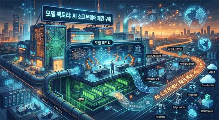 AI 모델 팩토리와 소프트웨어 패권 확보를 형상화한 일러스트.