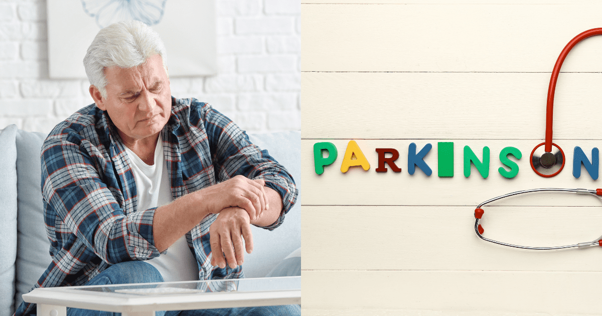 손목을 부여잡는 노화된 노인 할아버지와 파킨슨 알파벳