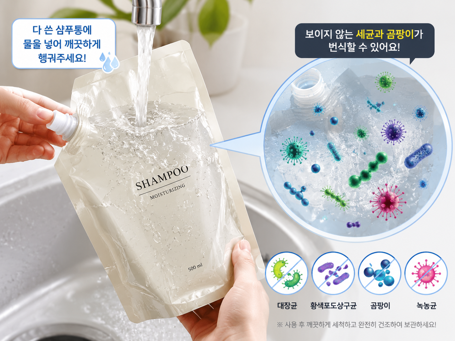 샴푸통을 물로 씻어내는 사진