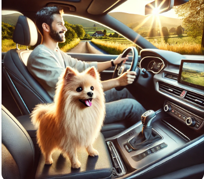 애견인과 애완동물이 차안에서 드라이브가는 사진