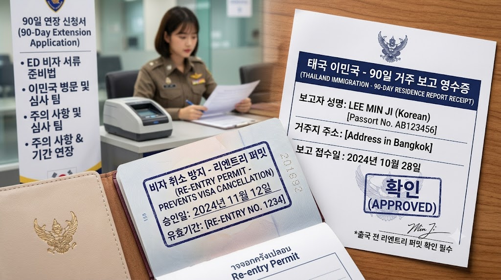 여권에 날인된 태국 리엔트리 퍼밋 도장과 90일 체류 연장 영수증
