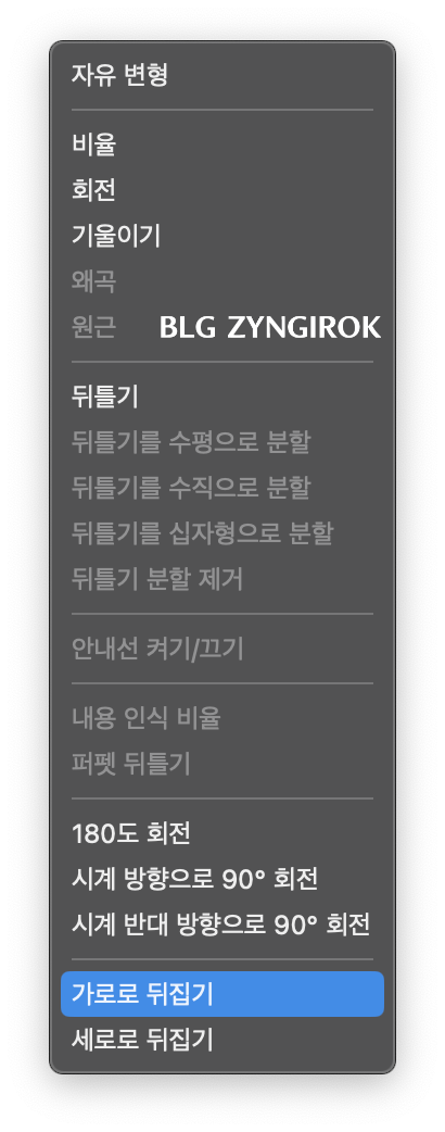 메뉴에서-가로로-뒤집기가-선택돼-있다.