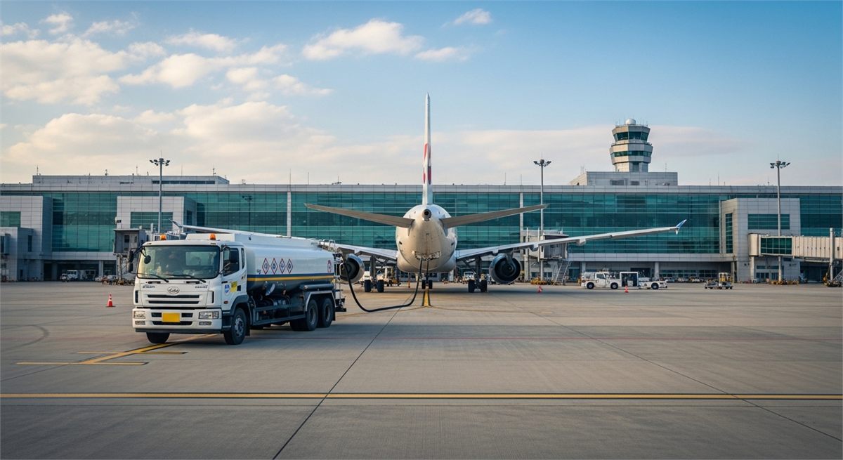 공항 계류장과 급유 차량이 함께 보이는 전경 
