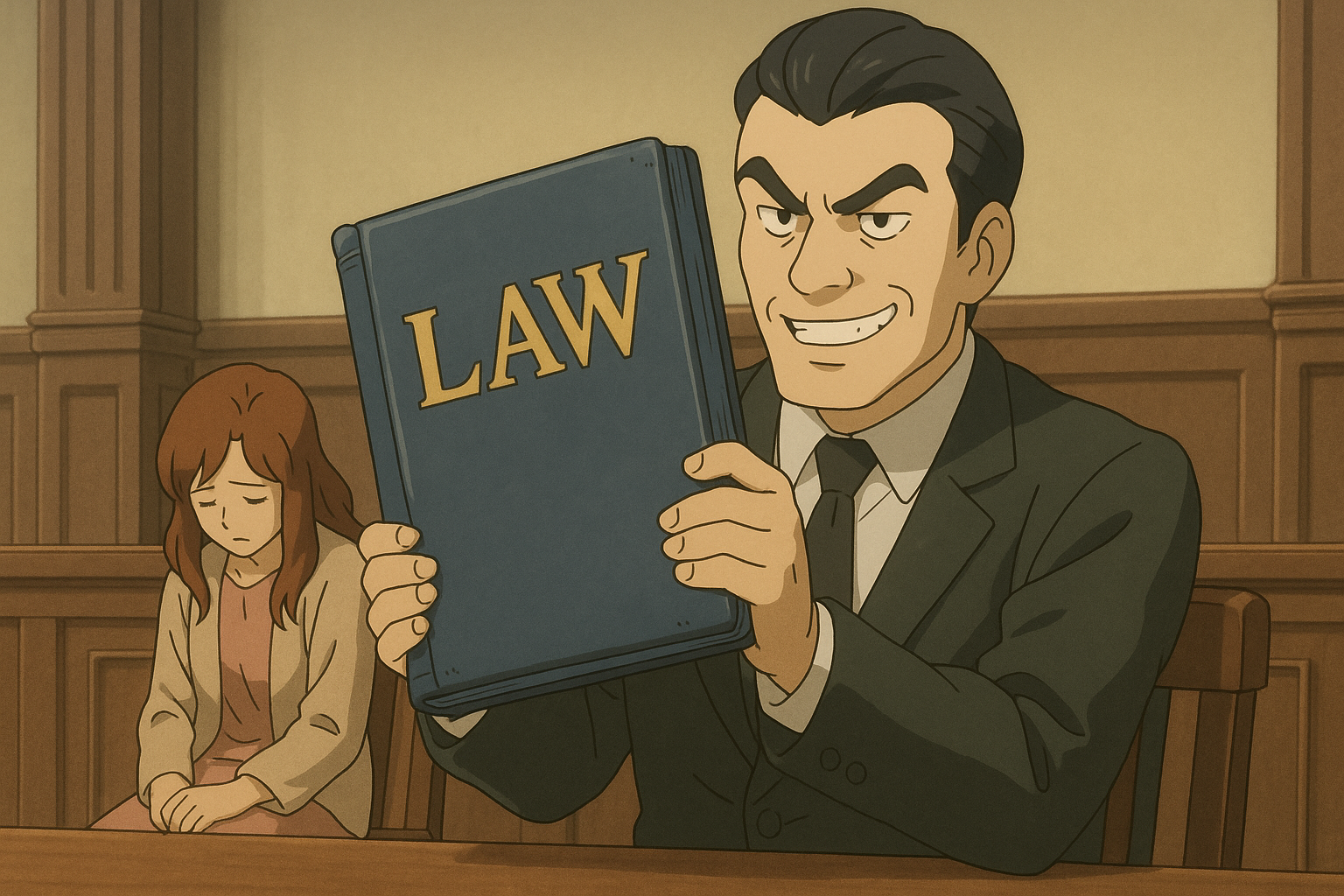 법전을 방패처럼 든 범죄자와, 그 뒤에 무력하게 앉아 있는 피해자