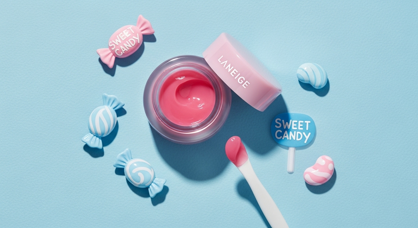 라네즈 립 슬리핑 마스크 EX 스윗캔디가 달콤한 캔디와 함께 놓여있는 모습. 부드러운 핑크빛 제형이 돋보이며, 젊고 트렌디한 감성을 표현합니다.