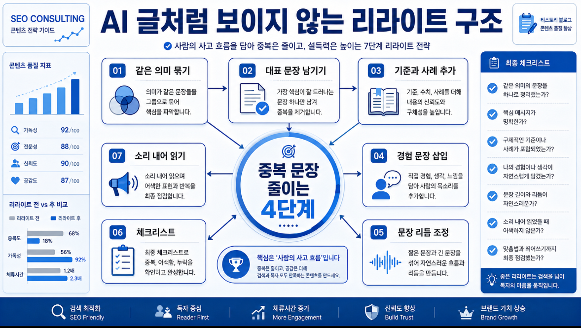 같은 의미 묶기 대표 문장 남기기 기준 사례 추가 경험 문장 삽입으로 중복 문장을 줄이는 리라이트 전략 이미지