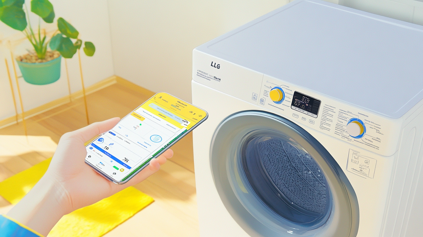 LG ThinQ 앱을 통해 스마트폰으로 실시간 세탁 상태를 모니터링하고 원격으로 LG 트롬 세탁기를 제어하는 사용자