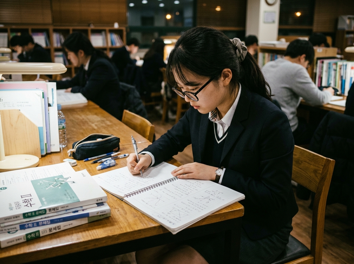 수학 오답 노트를 활용하여 복습하는 학생