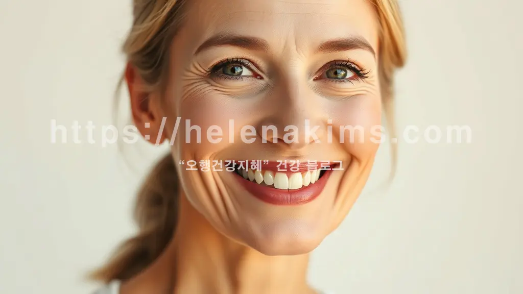 깔끔하고 밝은 배경, 우아하고 편안하게 미소 짓는 50대 여성의 얼굴, 살짝 올라간 입꼬리와 자연스러운 볼륨감이 있는 입술, 동안 미소가 아름다워 보이는 여성의 모습.