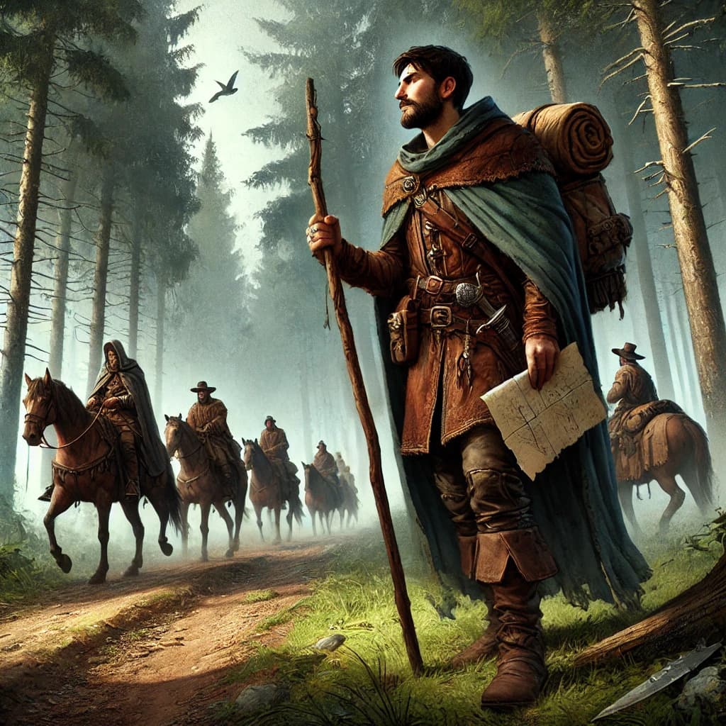 중세 유럽 봉건사회 길 안내인(Pathfinder)이 숲속길을 안내하는 모습