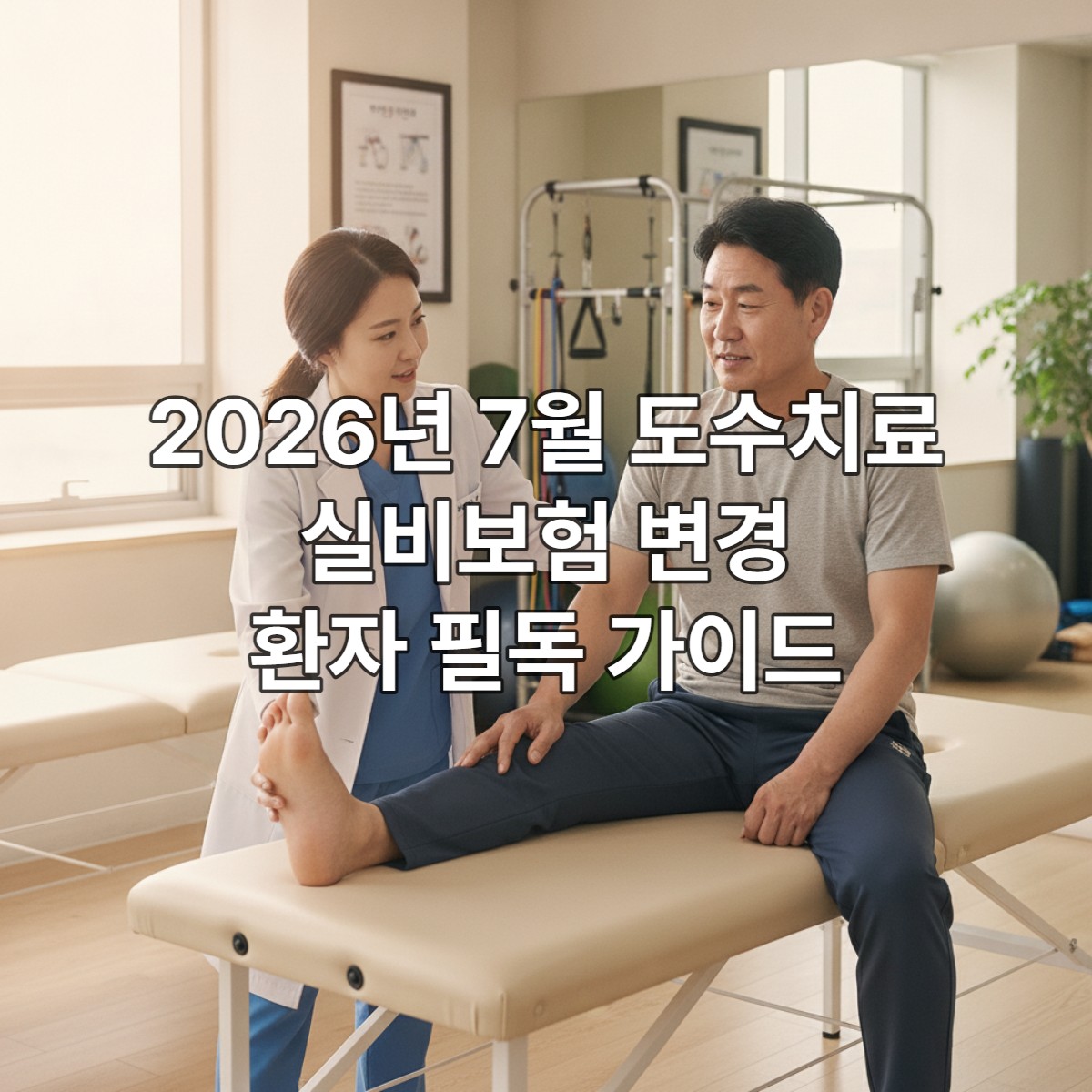 2026년 7월 도수치료 실비보험 변경에 대해 설명하는 한국인 물리치료사와 경청하는 환자의 모습.