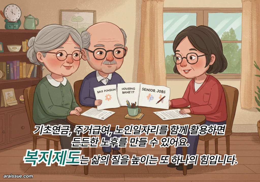 기초연금, 주거급여, 노인일자리를 함께 활용하면 생활 안정에 큰 도움이 됩니다.
