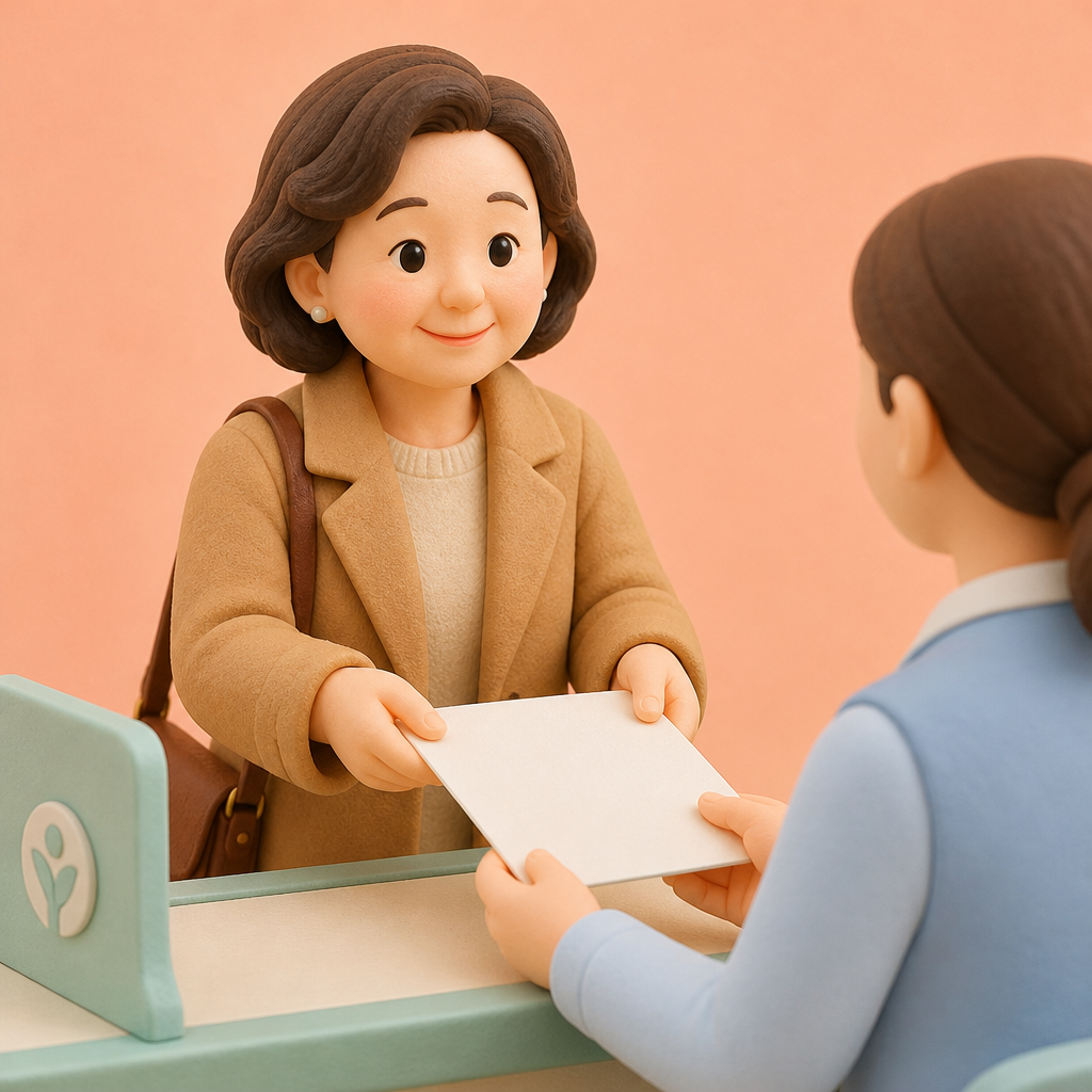 은행 창구 앞에서 서류를 건네는 50대 여성