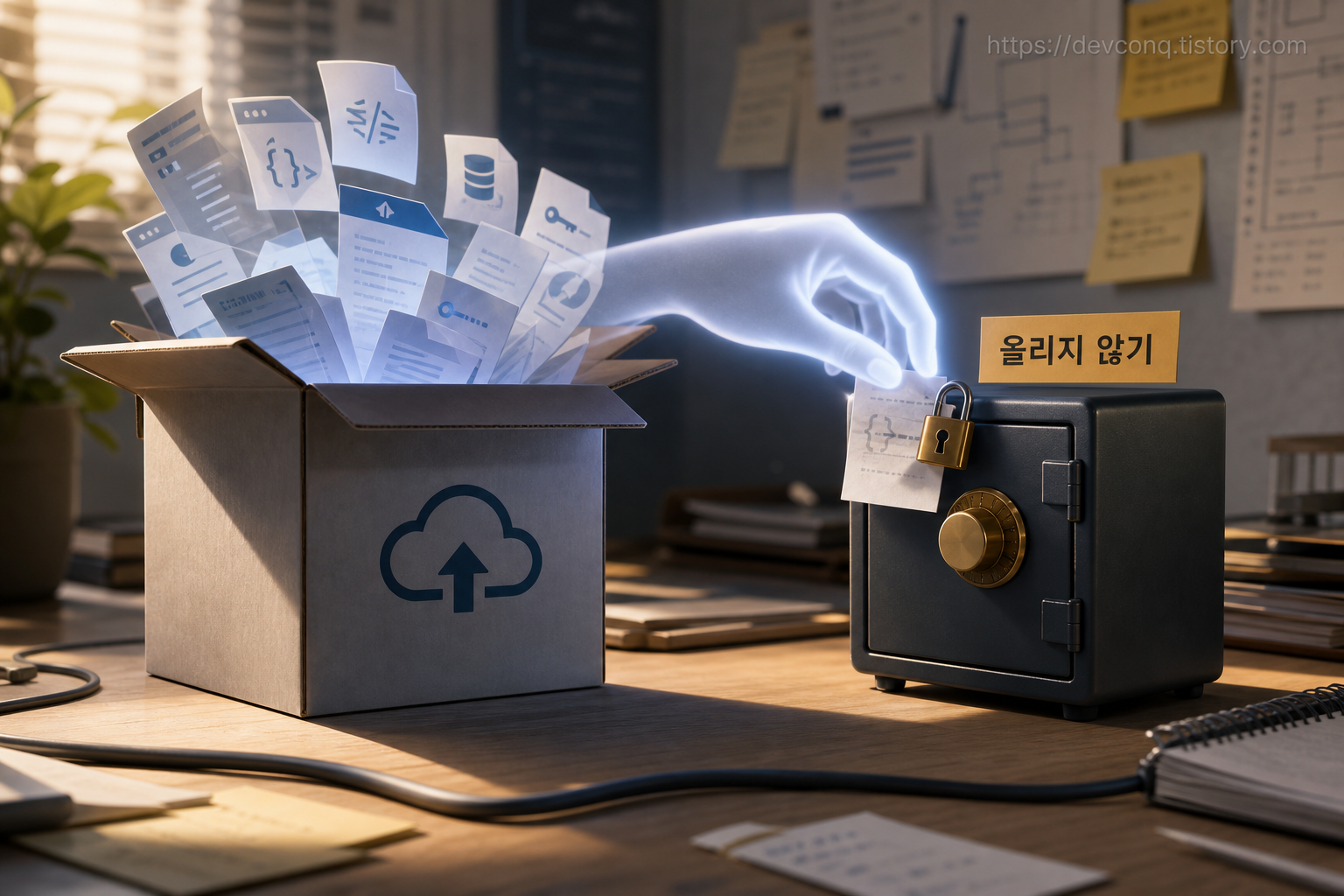 깃허브 업로드 상자 앞에서 .env 쪽지만 따로 빼내 금고에 넣는 장면