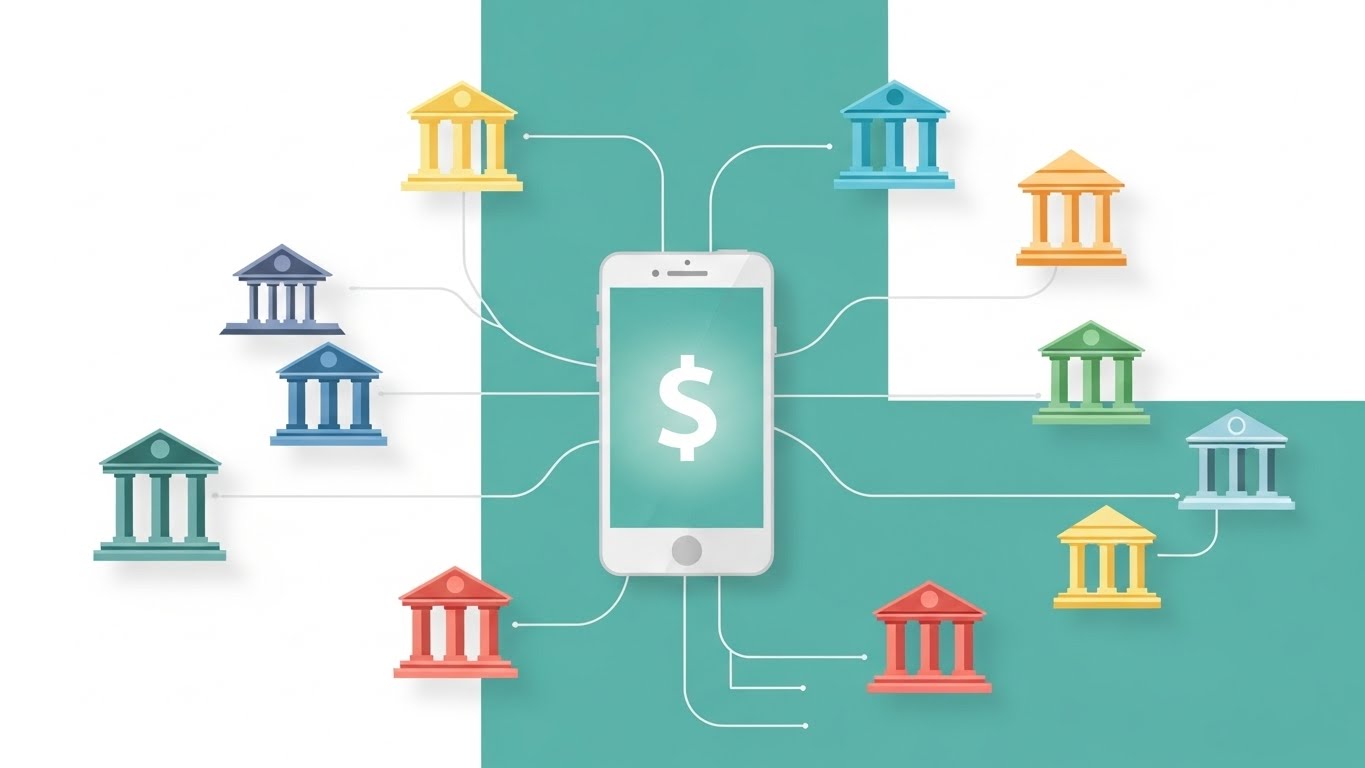 여러 은행에 흩어진 내 계좌 잔액을 스마트폰 하나로 통합 조회하는 과정을 상징하는 그래픽