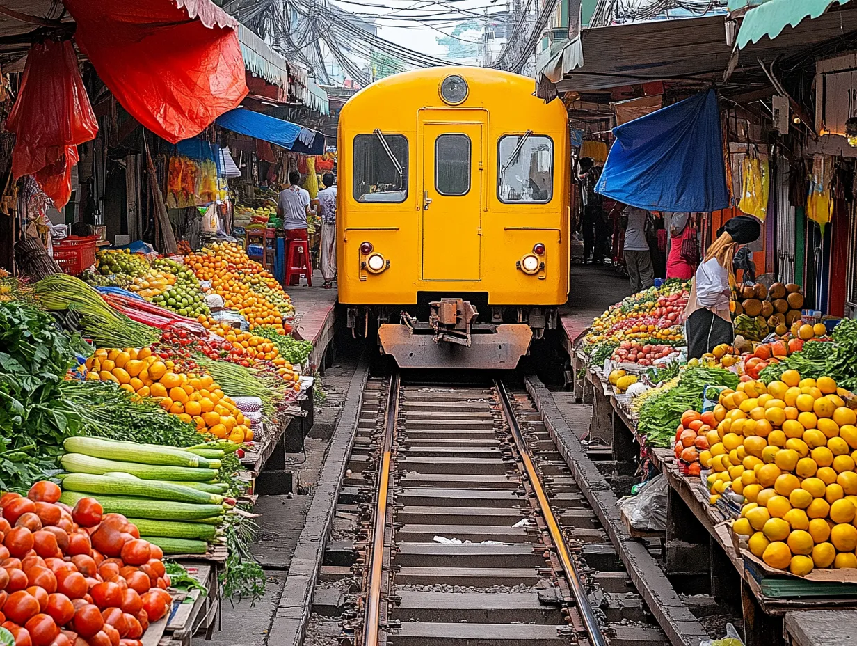 매끌렁 시장, 방콕 근교에서 열차가 지나가는 특별한 전통 시장의 비밀
