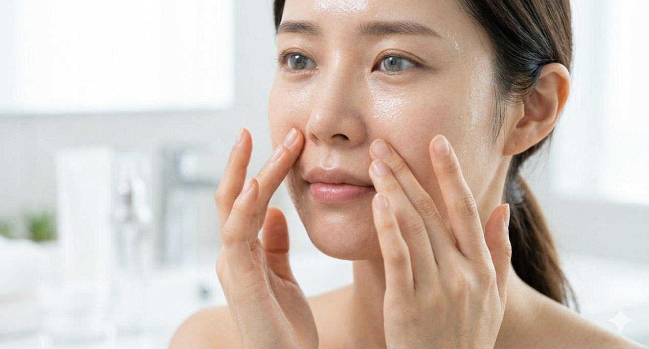 보습 크림을 얼굴에 바르며 피부 장벽을 회복하는 여성, 잔주름 완화 관리 모습