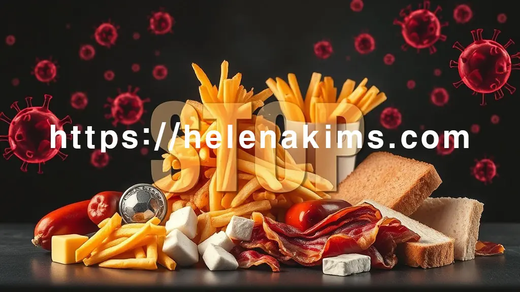 어둡고 경고적인 분위기의 배경, 염증을 유발하는 대표적인 설탕 덩어리가 쌓여 있는 모습, 기름에 튀겨진 감자튀김과 패스트푸드, 윤기가 지나치게 흐르는 붉은 소시지와 베이컨 조각, 그리고 흰 빵 덩어리 등 가공식품, 붉은 육류, 정제 탄수화물을 상징하는 음식들의 이미지.